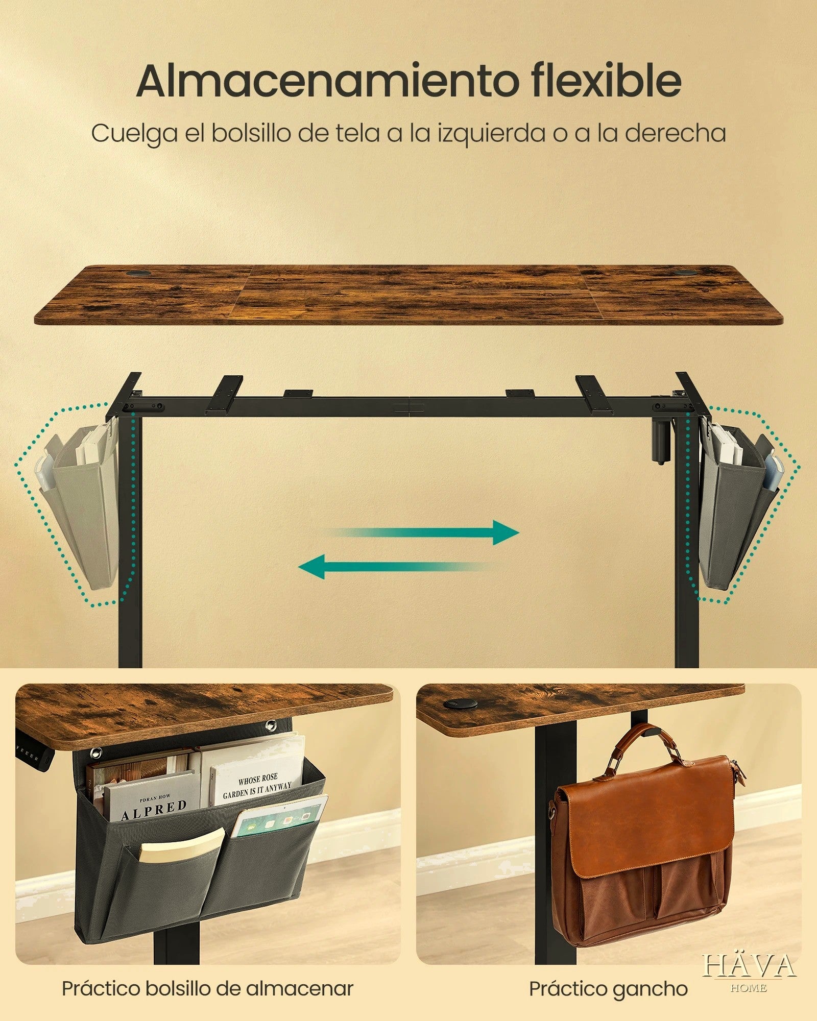 Bolsillo lateral y gancho organizador del Häva Desk
